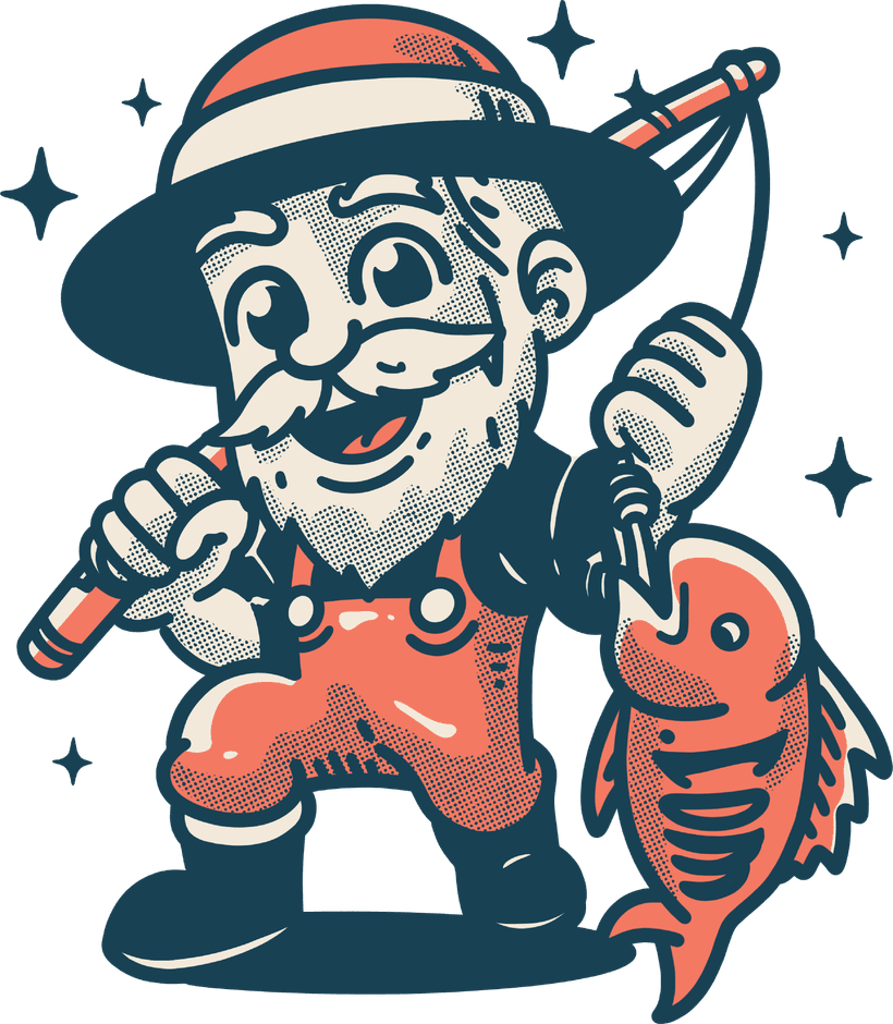 The Snagged fisherman mascot reeling in a freshly caught domain name